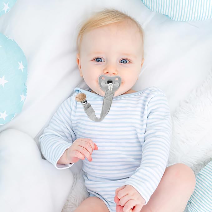 TYRY.HU Ribbon Pacifier Clip Holder,4 Pack Binky Paci Holder Clips, Pacifier Leash for Boys and Girls, Soft Webbing Strap Universal Fits for Most Pacifier, Styles & Teethers(Khaki,Grey,Green,Pink)