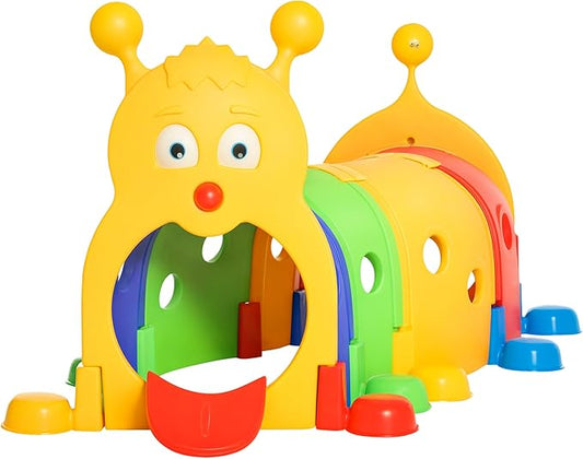 Qaba Caterpillar Tunnel, Toddler Tunnel for Kids Crawl and Climb Through, Kids' Play Structure Indoor Outdoor, 4 Sections, Multicolored