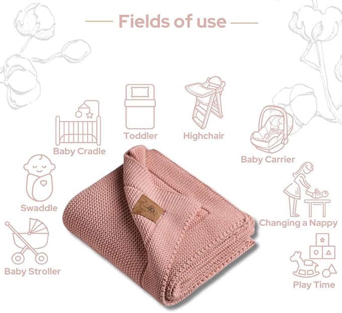 100% Organic Cotton Baby Knitted Blanket with Gift Box - Soft Toddler, Crib, Stroller Blanket - Neutral Swaddle and Receiving Blanket for Newborns, 30"x40", Pink