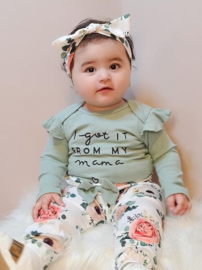 DISAUR Baby Girls Clothes Newborn Infant Baby Girls Outfit Long Sleeve Ruffle Romper Floral Pants Headband Sets 0-18 Months