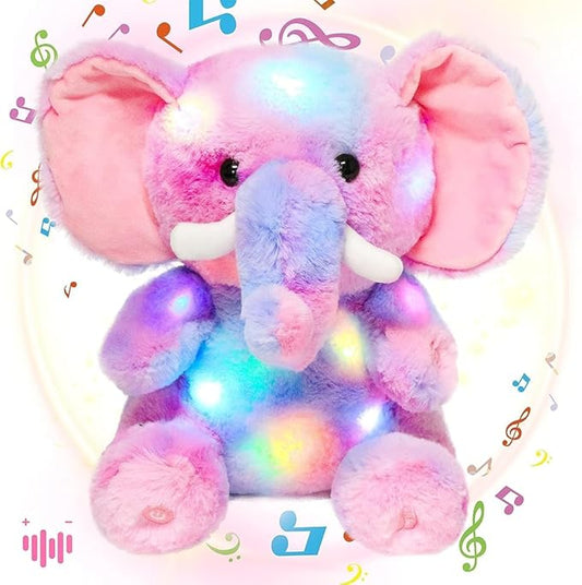 Hopearl Colorful LED Musical Stuffed Elephant Light up Singing Plush Elephish Adjustable Volume Lullaby Animated Soothe Birthday Festival for Kids Toddlers, Rainbow, 11''