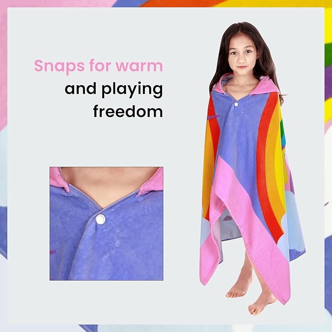 BANGSAUR Kids Hooded Beach Towels, 100% Cotton 50x30 inches Bath Pool Swiming Towel Wrap, Toddlers Girls 3-12 Years Coverup Rainbow Unicorn N