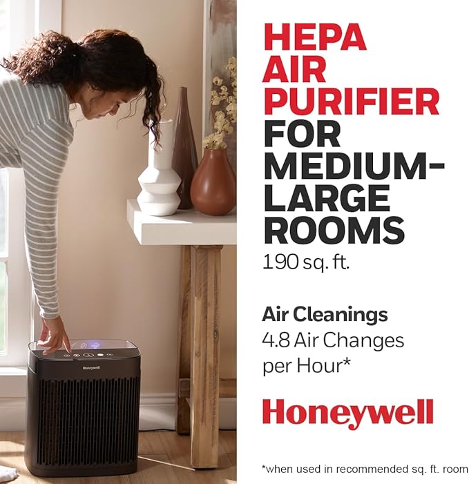 Honeywell Allergen Plus HEPA Air Purifier for Home, Large Rooms up to 900 Ft², Turbo Clean, HEPA Filter Reduces Allergens, Dust, Pollen, Pet Dander, All Smoke Types, Odors, Black, HPA5100B