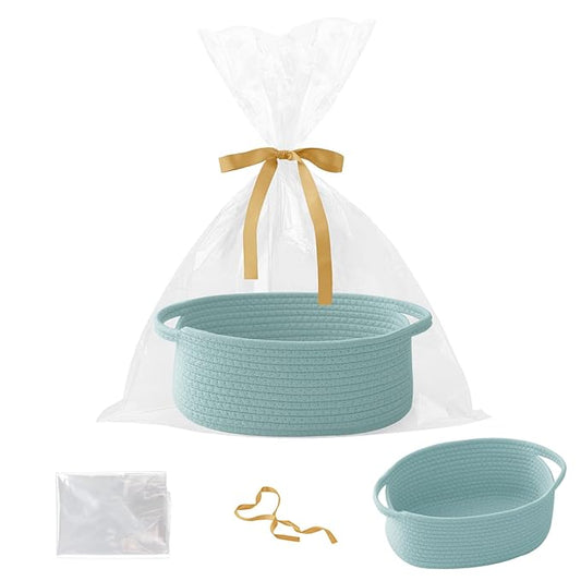 Gift Basket with Gift Bag and Ribbons,Small Rope Woven Shelf Storage,Baskets for Gifts Empty,Birthday,Shower,Decorative Organizer Box for Cat Dog Pet with Handles(Aqua)