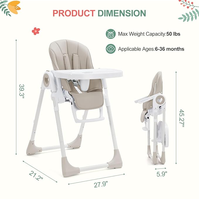 Baby High Chair for Toddlers 1-3 Years Old, Foldable Baby High Chair with Removable Tray, Lightweight Folding Chair with 5-Point Safety Harness, Multiple Recline Positions & Compact Design