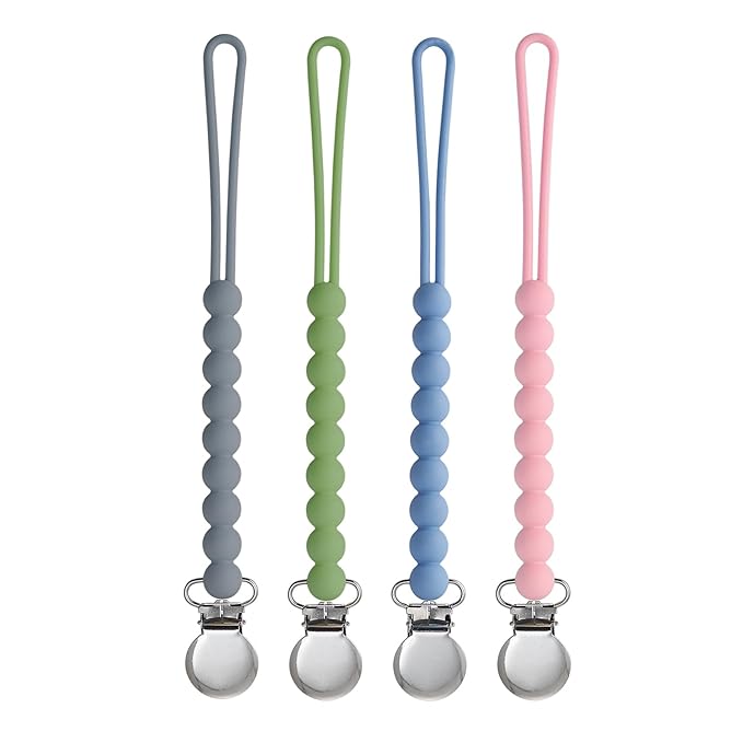 Pacifier Clip for Boys Girls - MORIBOX 4 Pack Paci Clip Soothie Baby Binky Holder for Shower Gift Birthday (Dgrey+Dgreen+Blue+Lpink)