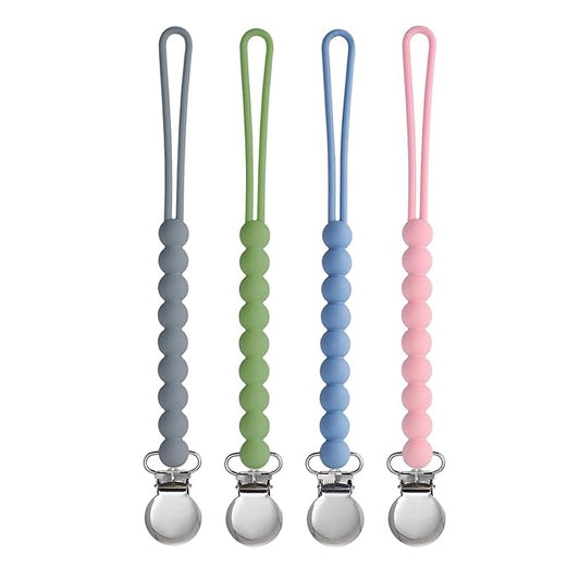 Pacifier Clip for Boys Girls - MORIBOX 4 Pack Paci Clip Soothie Baby Binky Holder for Shower Gift Birthday (Dgrey+Dgreen+Blue+Lpink)