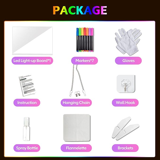 LED Note Board with Colors, 13.8"X10" 4 Modes & 7 Colors Led Acrylic Message Board with Light, Light up Acrylic Dry Erase Board, Led Drawing Board with Stand, Hanging Chain, 7 Markers, Spray Bottle