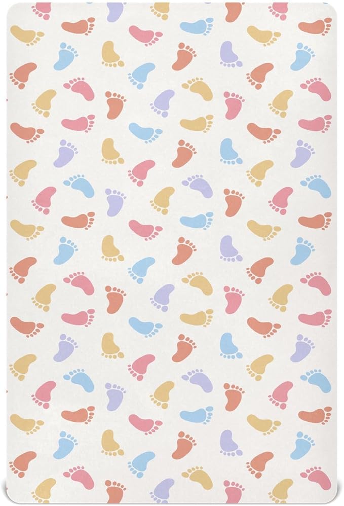 Baby Crib Sheets Colorful Baby Footprints Crib Sheets for Boys Girls,Neutral Bassinet Toddler Bed Play Sheets Breathable Soft and Portable 52 * 28 * 9in