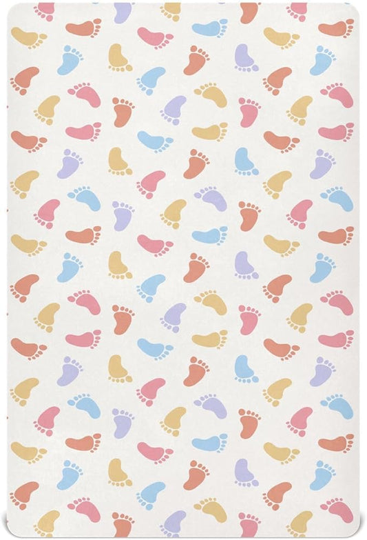 Baby Crib Sheets Colorful Baby Footprints Crib Sheets for Boys Girls,Neutral Bassinet Toddler Bed Play Sheets Breathable Soft and Portable 52 * 28 * 9in