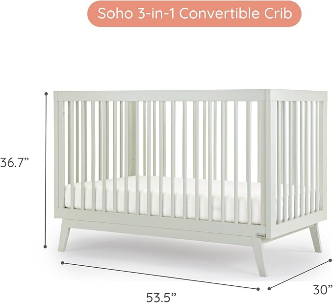 dadada Baby Soho 3 in 1 Convertible Wooden Crib to Toddler Bed - Made in Italy, GREENGUARD Gold Certified, Baby-Safe Finish, Sustainable Beech Wood, Modern Design, 3 Adjustable Heights (Sage)