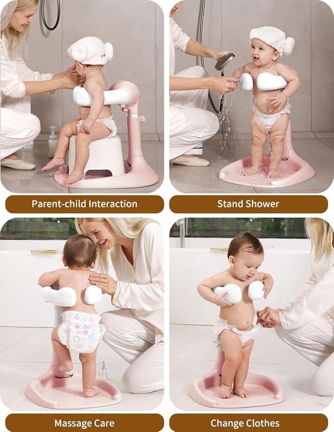 Baby Shower Stand, Baby Bath Support, Shower Standing Support with Adjustable Height and Armrest, Bath Stand with Anti-Skip and Shower Head Holder, Bath Essentials for Infants