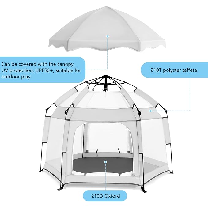 Baby Playpen with Canopy, Portable Baby Beach Tent, Toddler Play Yard Indoor and Outdoor, Foldable Mosquito Net for Infant - Light Grey