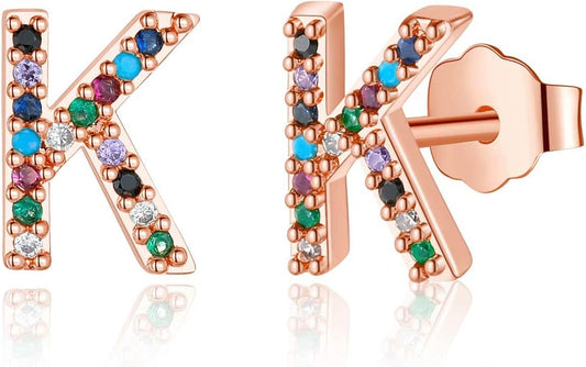 Memorjew Initial Stud Earrings for Women, Hypoallergenic 925 Sterling Silver Post Rainbow Cubic Zirconia Gold Plated 26 Initial Earrings for Women Jewelry Gifts