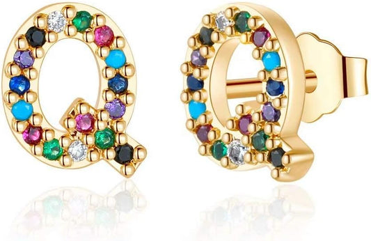 Memorjew Initial Stud Earrings for Women, Hypoallergenic 925 Sterling Silver Post Rainbow Cubic Zirconia Gold Plated 26 Initial Earrings for Women Jewelry Gifts