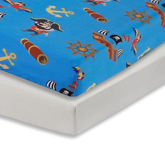 Everyday Kids 2 Pack Fitted Boys Crib Sheet, 100% Soft Breathable Microfiber Baby Sheet, Fits Standard Size Crib Mattress 28in x 52in, Nursery Sheet - Pirates/Grey