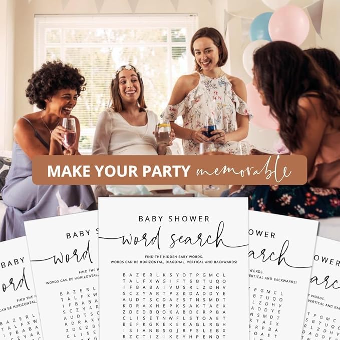 GardenCity 50 Baby Shower Word Search Game Cards, Fun Baby Shower Games for Boy or Girl, Gender Neutral - Minimalist