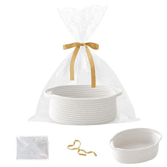 Gift Basket with Gift Bag and Ribbons,Small Rope Woven Shelf Storage,Baskets for Gifts Empty,Birthday,Shower,Decorative Organizer Box for Cat Dog Pet with Handles(White)