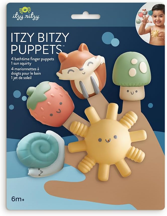 Itzy Ritzy Finger Puppet Bath Toy Set– 5-Piece Set Includes 4 Soft Finger Puppets & 1 Water-Squirting Bath Toy – Fun Characters Offer Interactive & Imaginative Play – for 6 Months and Up - Multicolor