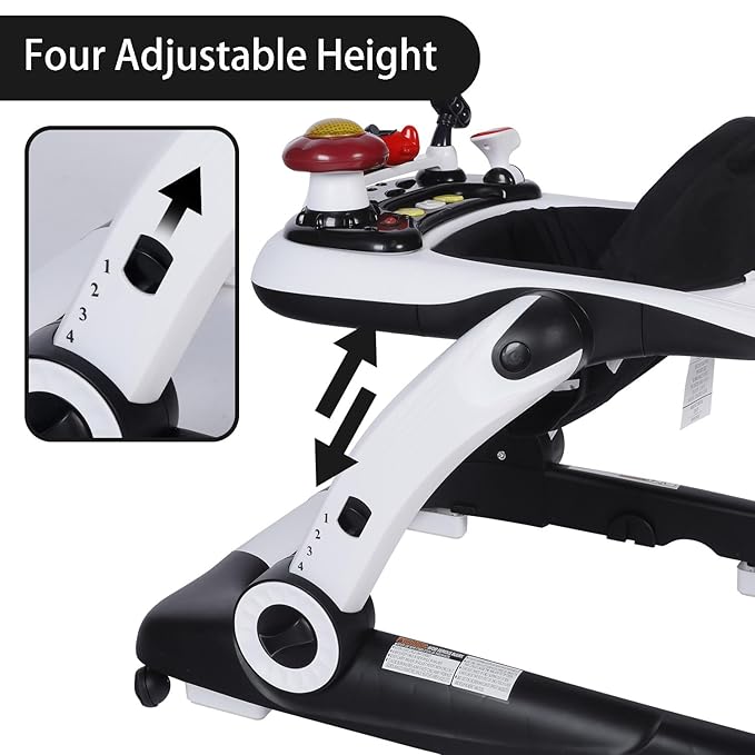 Kinder King Baby Walker with Music & Lights, 5 in 1 Baby Bouncer Activity Walker, Adjustable Height & Seat, Learning-Seated & Toddler Walk-Behind, Safety Bumper, Infant Walker Anti-Rollover, Black