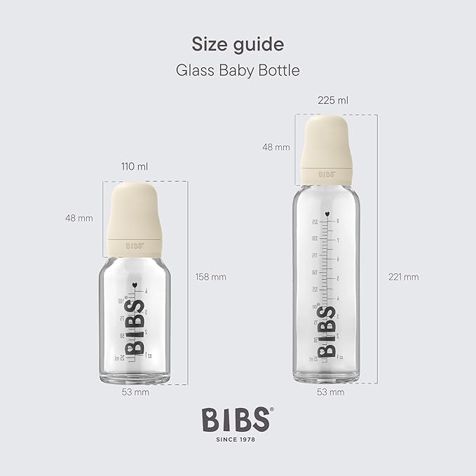 BIBS Baby Glass Bottle Complete Set 225 ml | BPA Free Natural Rubber | Made in Denmark | Ivory