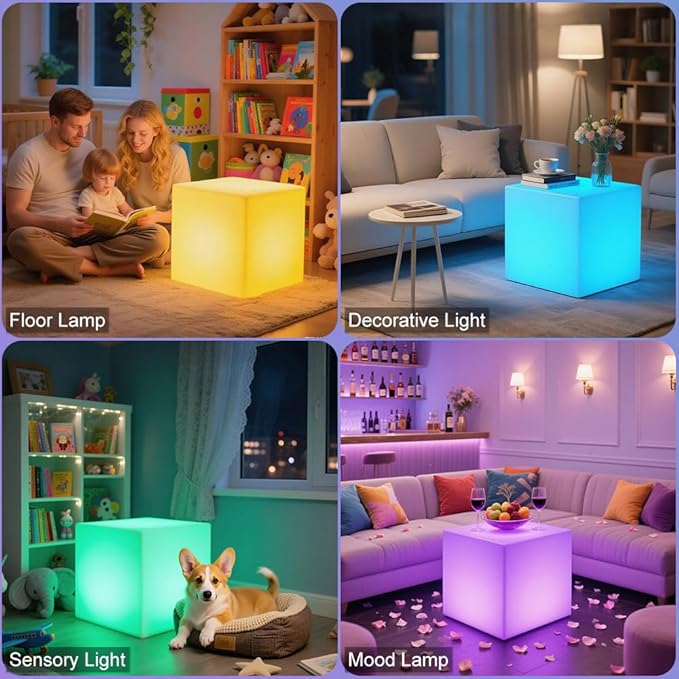 20-in LED Cube Chair, Dimmable RGB Color Changing Light Cubes w/Remote, Versatile Large LED Cube Seat, Rechargeable Light Table Waterproof Outdoor Floor Lamp, Ideal Home Garden Patio Pool Party Decor
