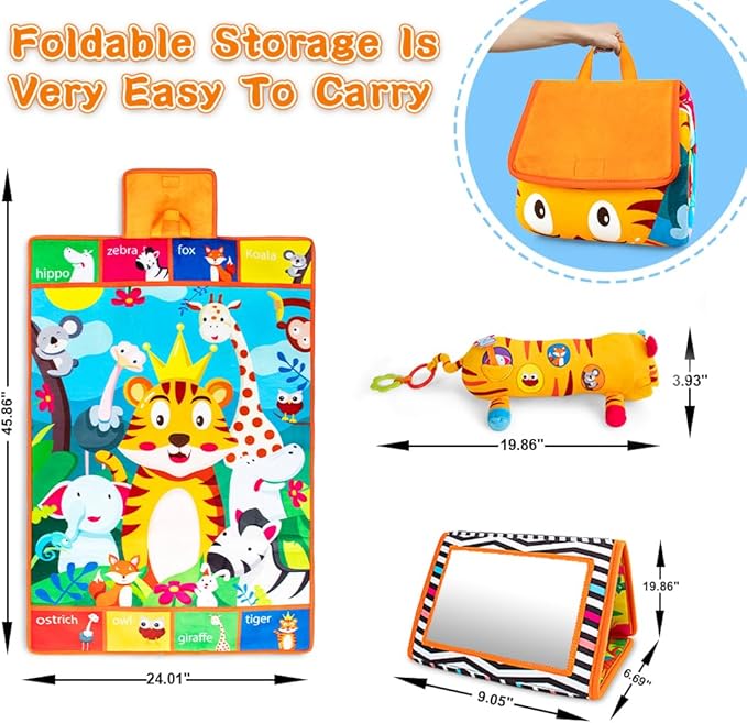 Tummy Time Toys,3-in-1 Tummy time Mat & Baby Mirror & Pillow- High Contrast Black and White Baby Toys for Early Education,Newborn Infant Activity Mat Set for 0 3 6 12 Month