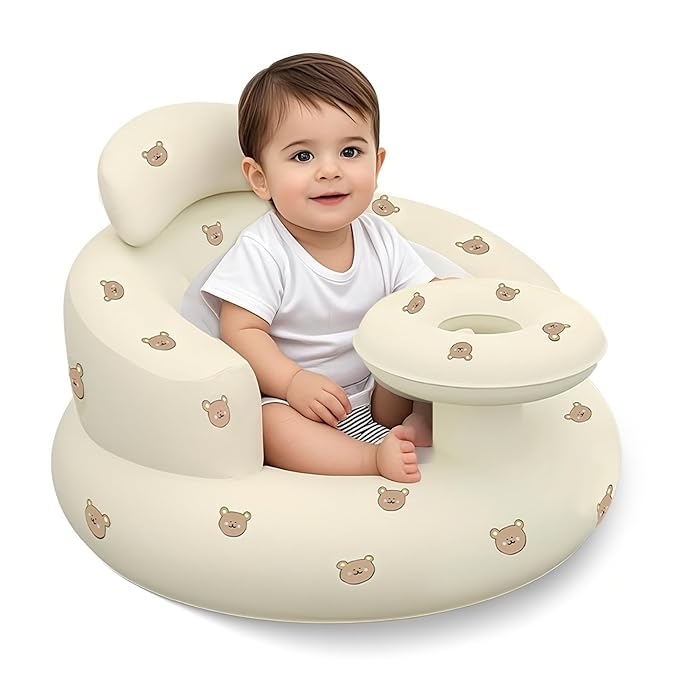Inflatable Baby Seat with Tray, Blow up Infant Chair for Babies 3 Months and up, Comfortable Baby Floor Seats for Sitting Up, Built in Air Pump with Back Support Toddler Waterproof Sofa (Bear)