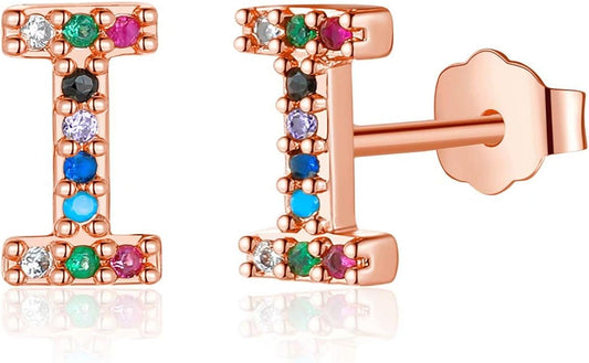 Memorjew Initial Stud Earrings for Women, Hypoallergenic 925 Sterling Silver Post Rainbow Cubic Zirconia Gold Plated 26 Initial Earrings for Women Jewelry Gifts