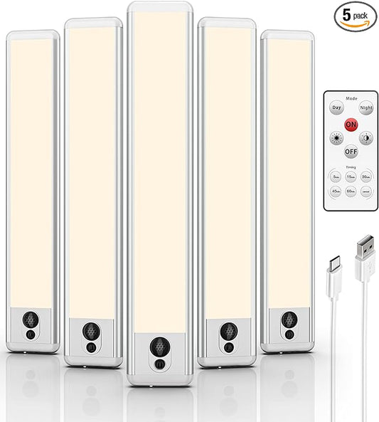 EZVALO Under Cabinet Lights, LED Closet Lights Wireless USB Charging, Motion Sensor Lighting Indoor 3500K Dimmable with Remote Control (Warm) 5 Pack