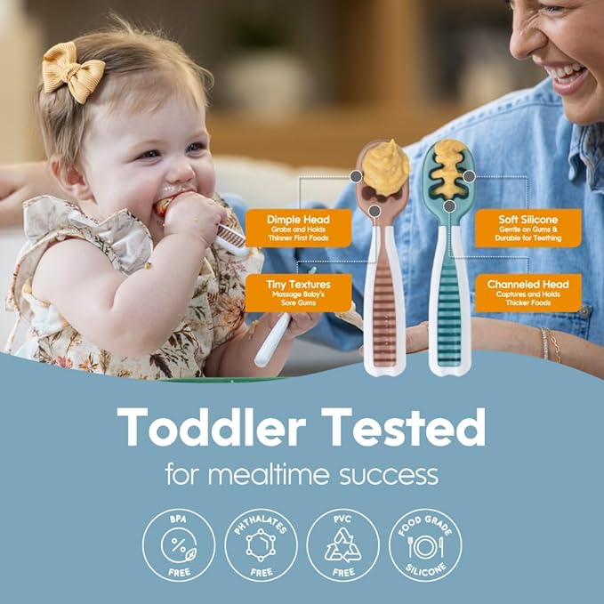 NumNum Baby Spoons Set, Feeding Littles x Silicone Pre-Spoon GOOtensils for Baby Led Weaning, Self-Feeding & Teething, First Stage Toddler Utensils for Ages 6+ Months, 6-Pack, BPA-Free (Neutral/Neon)