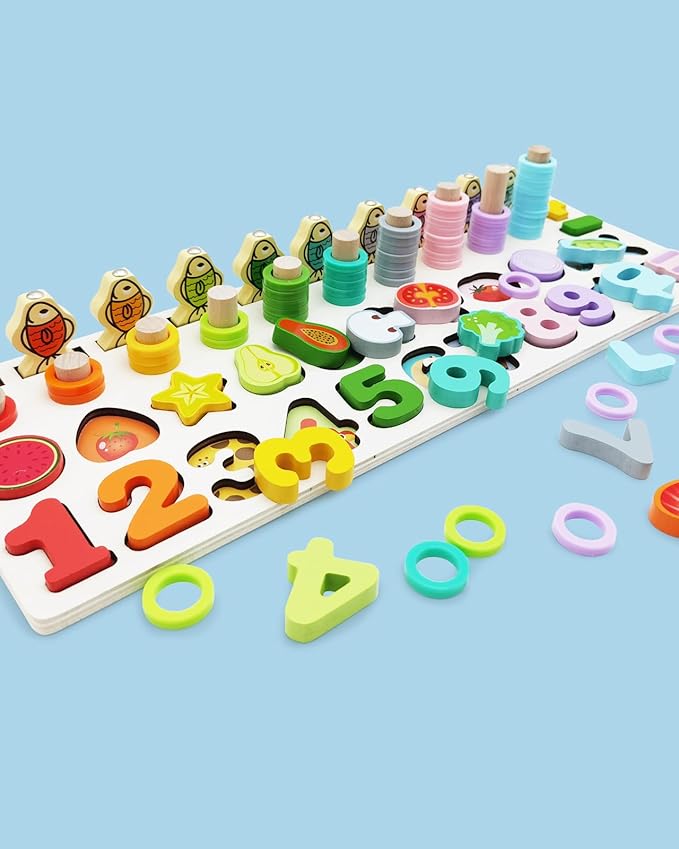 Magnetic Fishing Game, Montessori Educational Toy for 1-3, Wooden Alphabet Number Shape Puzzles, Rings Counting Sorting Toys Math Shape Blocks for Toddlers 3-5