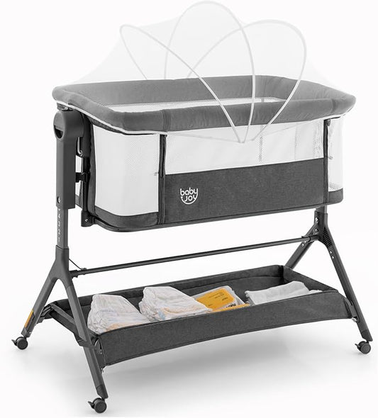BABY JOY Bassinet, 3 in 1 Rocking Bedside Bassinet w/Storage Basket, Universal Wheels, Adjustable Height, Mattress, Net & Portable Bag, Carriable Crib Baby Bassinets Bedside Sleeper (Gray)