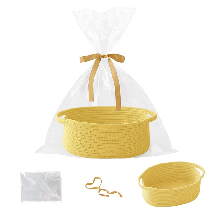 Gift Basket with Gift Bag and Ribbons,Small Rope Woven Shelf Storage,Baskets for Gifts Empty,Birthday,Shower,Decorative Organizer Box for Cat Dog Pet with Handles(Yellow)