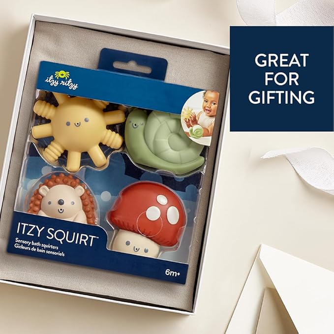 Itzy Ritzy Water-Squirting Sensory Bath Toys – Soft, Textured & Easy to Squeeze for Babies & Toddlers – Characters for Fun & Motor Skill Development - Set of 4 Includes Sun, Snail, Mushroom & Hedgehog