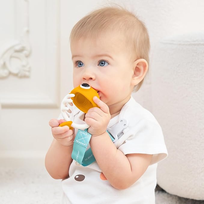 Mombella Clownfish Teethers for Babies 3-6 Months, Baby Teething Toys 6-12 Months with Lanyard to Attach on, Silicone Tether with Different Textures to Gnaw, Ergonomic for Little Hands, Saffron