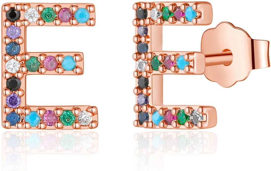 Memorjew Initial Stud Earrings for Women, Hypoallergenic 925 Sterling Silver Post Rainbow Cubic Zirconia Gold Plated 26 Initial Earrings for Women Jewelry Gifts