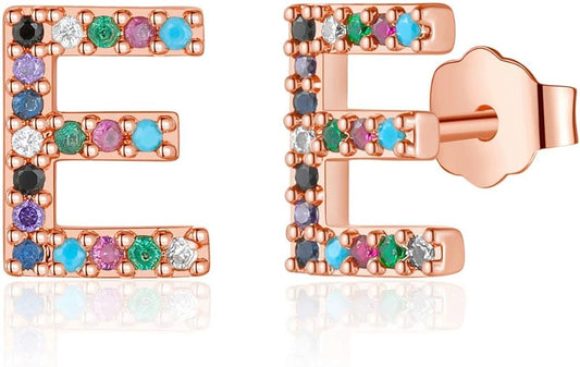 Memorjew Initial Stud Earrings for Women, Hypoallergenic 925 Sterling Silver Post Rainbow Cubic Zirconia Gold Plated 26 Initial Earrings for Women Jewelry Gifts