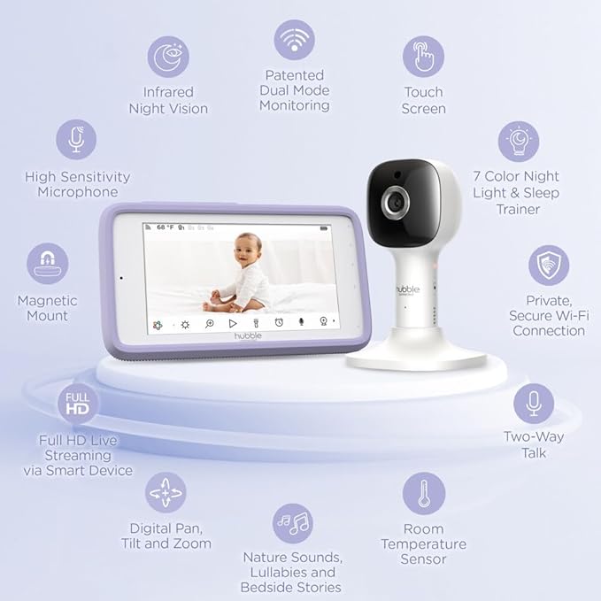 HUBBLE CONNECTED Nursery Pal Cloud Touch Smart WiFi Enabled Baby Monitor with 5 Inch HD Color Touchscreen Parent Unit, Plus Preloaded Soothing Sounds, Lullabies, and Stories, White