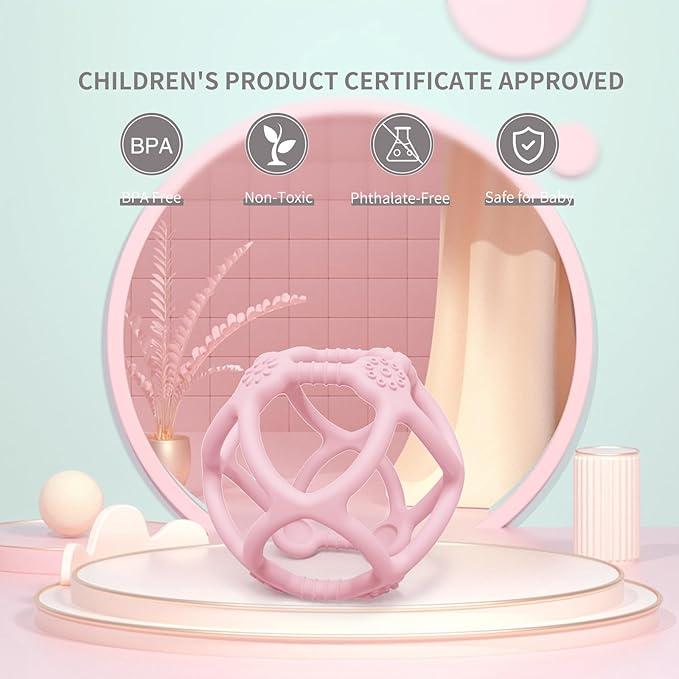Baby Teething Toys, Silicone Baby Chew Toys for Soothing Babies Gums, Sensory Hollow Ball Teether for Babies 3+ Months,Baby Teether Toys,Babys Gifts for Girl & Boy,BPA Free (Pink)