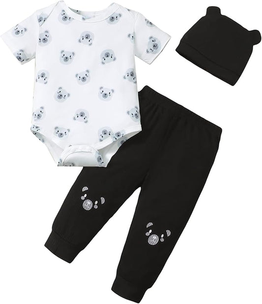 SUNNY PIGGY Baby Boy Clothes Newborn Infant Boys Outfits Romper Hat Pants 3PC Set 0-3 3-6 6-12 12-18 Month Clothing Gift