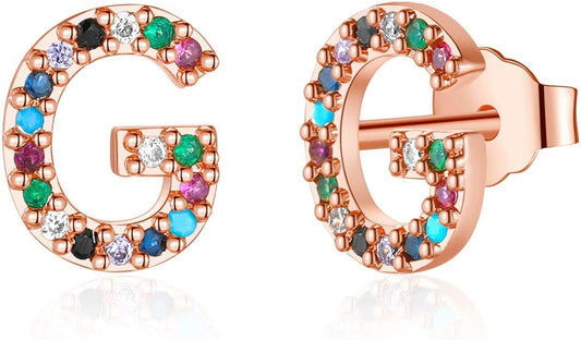 Memorjew Initial Stud Earrings for Women, Hypoallergenic 925 Sterling Silver Post Rainbow Cubic Zirconia Gold Plated 26 Initial Earrings for Women Jewelry Gifts