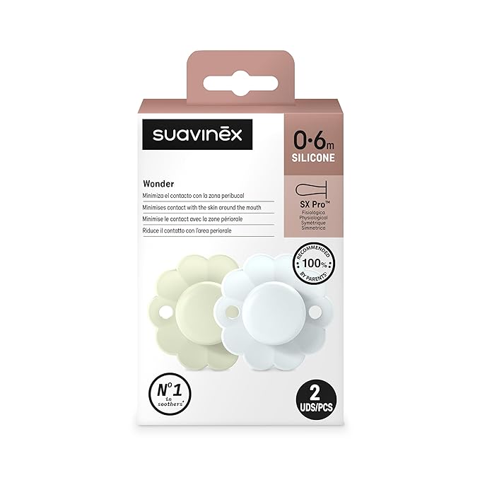 Suavinex Wonder Baby Pacifier, SX Pro Silicone Nipple, Reversible, Non Irritating Shield Design, 2 Pk Pacifiers 0-6 Months, Made in Europe, Aqua/Blue