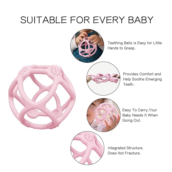 Baby Teething Toys, Silicone Baby Chew Toys for Soothing Babies Gums, Sensory Hollow Ball Teether for Babies 3+ Months,Baby Teether Toys,Babys Gifts for Girl & Boy,BPA Free (Pink)