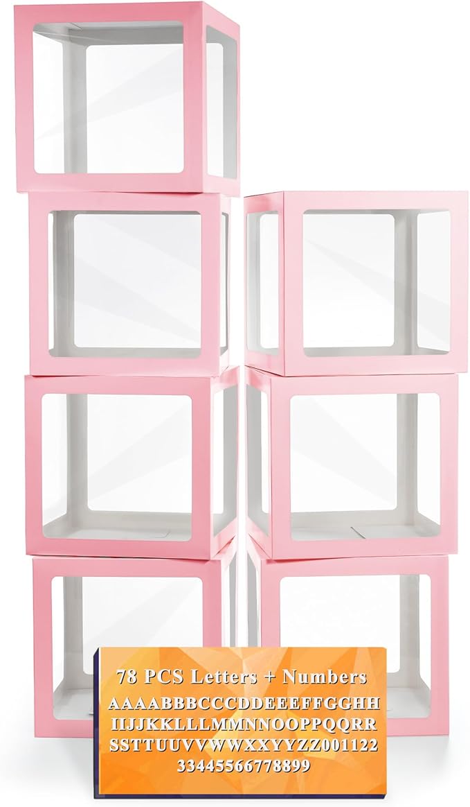 Ledido Transparent Balloon Boxes With 78 Letters, Pink Baby Boxes with Letters for Baby Shower Clear Letter Boxes for Party Wedding Birthday Baby Shower Decorations 7 PCS