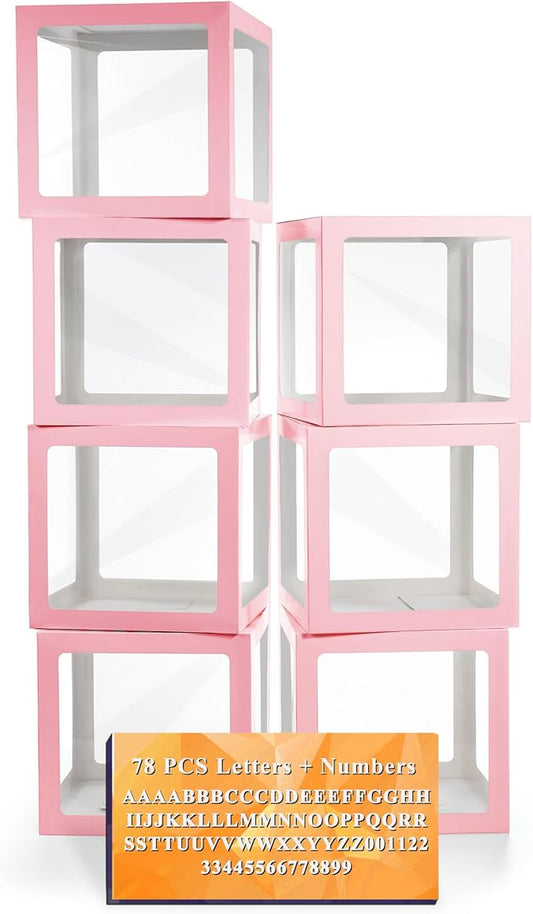 Ledido Transparent Balloon Boxes With 78 Letters, Pink Baby Boxes with Letters for Baby Shower Clear Letter Boxes for Party Wedding Birthday Baby Shower Decorations 7 PCS