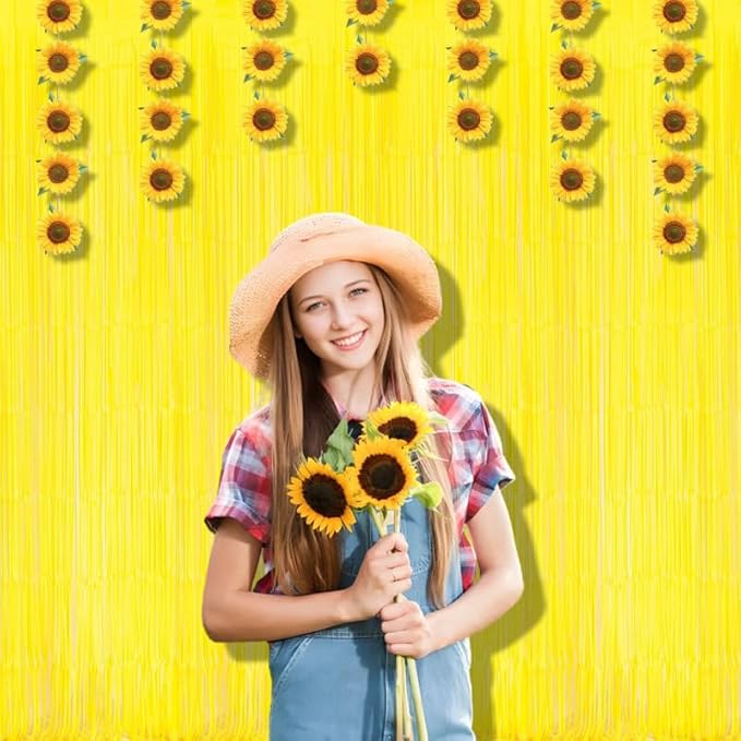BRAVESHINE Foil Fringe Curtain Backdrop - 2 Pack Yellow Tinsel Photo Booth Backdrop Party Streamers for Easter, Birthdays, Christmas, Lemon, Pineapples, Kids' Party Decorations