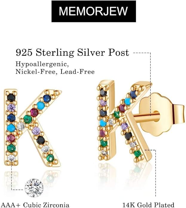 Memorjew Initial Stud Earrings for Women, Hypoallergenic 925 Sterling Silver Post Rainbow Cubic Zirconia Gold Plated 26 Initial Earrings for Women Jewelry Gifts