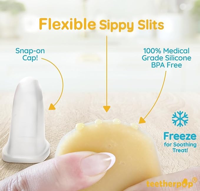 Teetherpop Fillable Silicone Teether for Babies (3-Pack) – Breastmilk Popsicle Molds for Teething w/Spill-Proof Sippy Slits – Freezable Baby Teethers for Liquid & Purée (Fucshia/PinkLemon/BlueLemon)