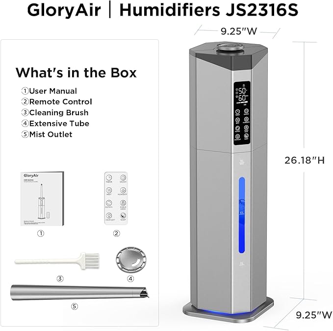 Humidifiers for Bedroom - GloryAir 2.38Gal/9L Dual Atomizers Top Fill Humidifier for Large Room 2000ft² with Auto Rotation 7-Color Light Humidistat Quiet Commercial Humidifiers for Plants Baby Adults